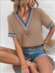 Mocha v-neck top with colorful embroidered trim on neckline and sleeves