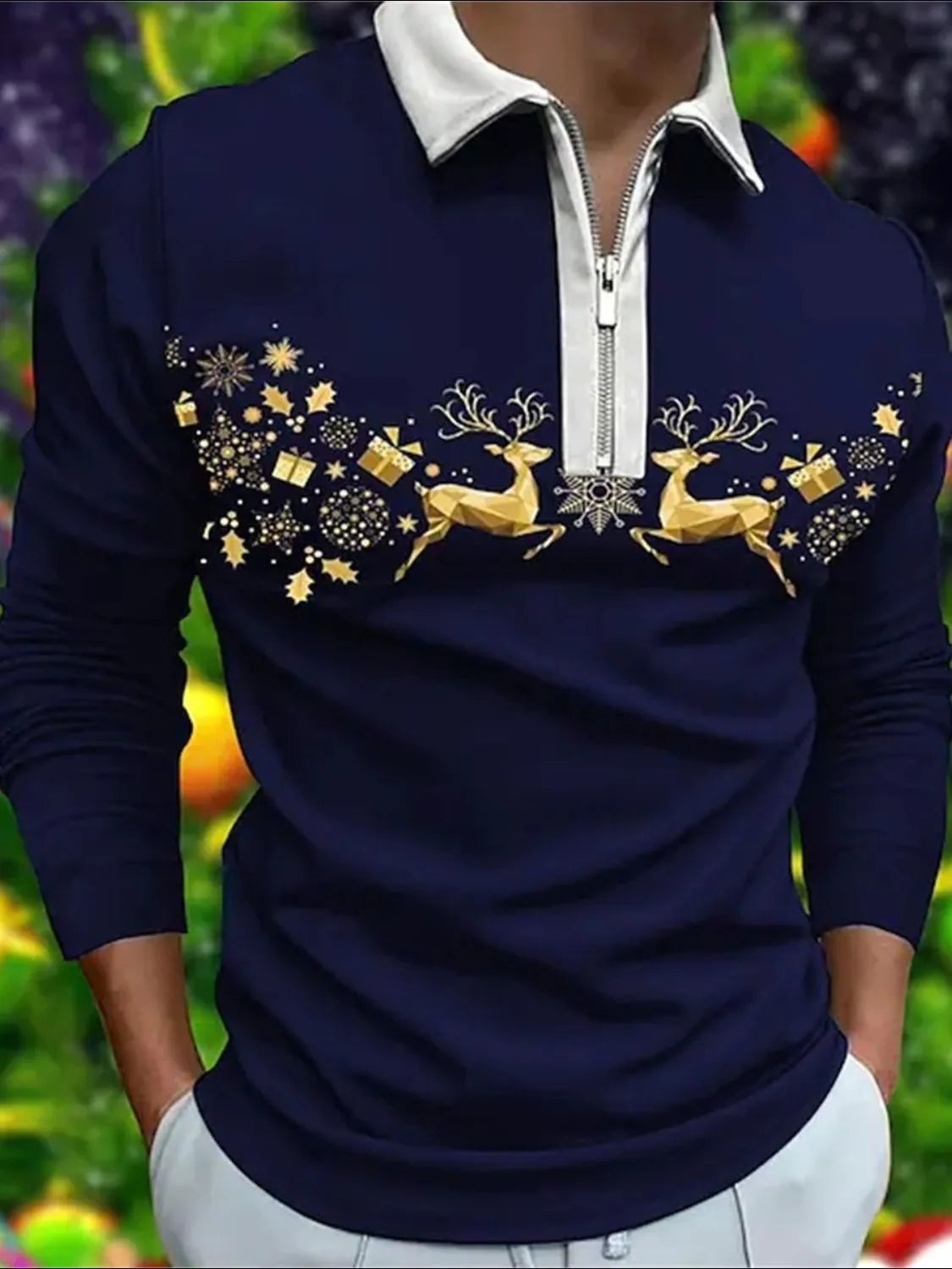 Navy zip-neck polo with gold reindeer and snowflake print