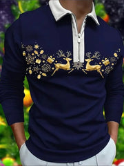 Navy zip-neck polo with gold reindeer and snowflake print