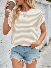Textured stripe knit top in white and tan with cap sleeves and a crew neck.