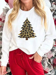 White drop shoulder sweatshirt with leopard print Christmas tree graphic