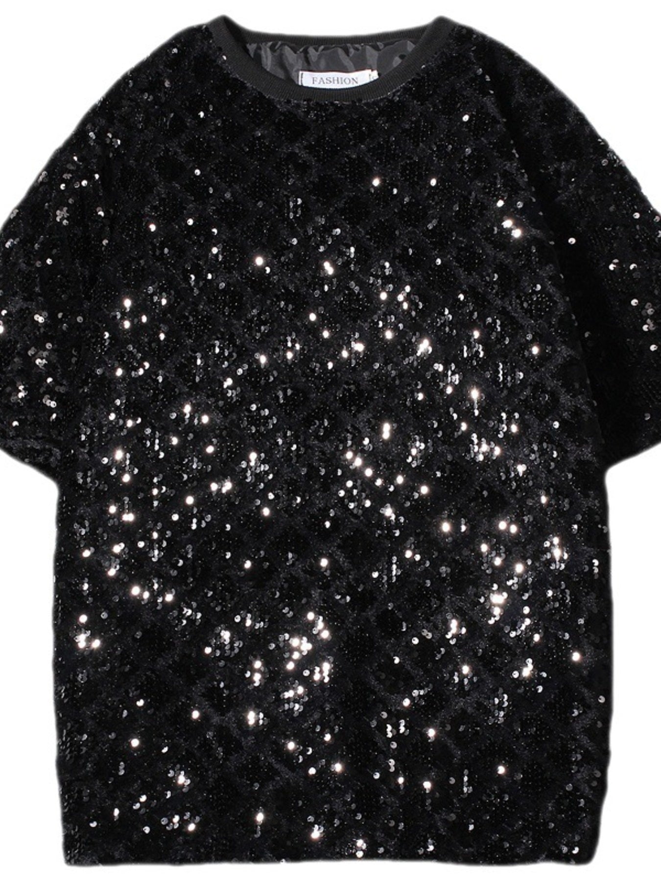 Men's black sequin round neck t-shirt with short sleeves.