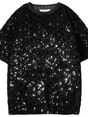 Men's black sequin round neck t-shirt with short sleeves.