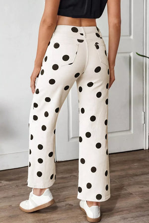 Cream polka dot maternity jeans with ankle length and straight leg