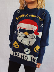 Dark blue acrylic knit sweater with a cool Santa graphic, Merry Christmas text, and Ho Ho Ho detail.
