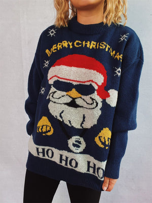 Dark blue acrylic knit sweater with a cool Santa graphic, Merry Christmas text, and Ho Ho Ho detail.