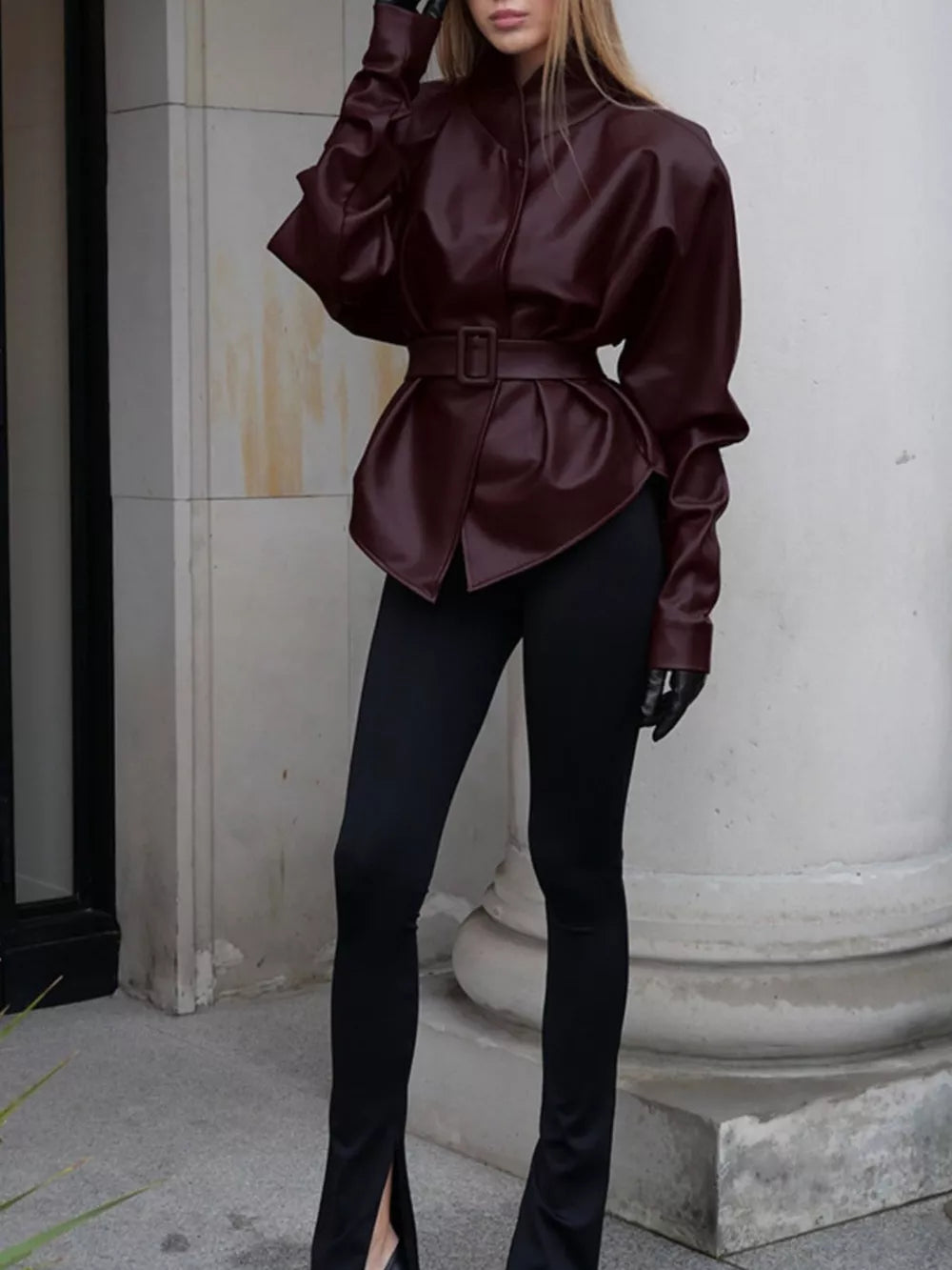 Stand Collar Belted Faux Leather Jacket in Wine Red, view 12