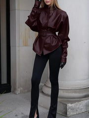 Stand Collar Belted Faux Leather Jacket in Wine Red, view 12