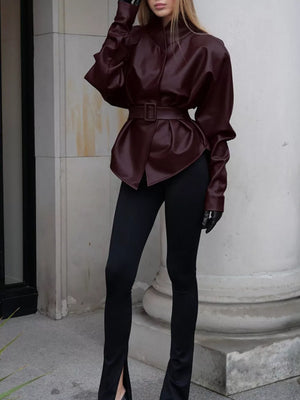 Stand Collar Belted Faux Leather Jacket in Wine Red, view 12