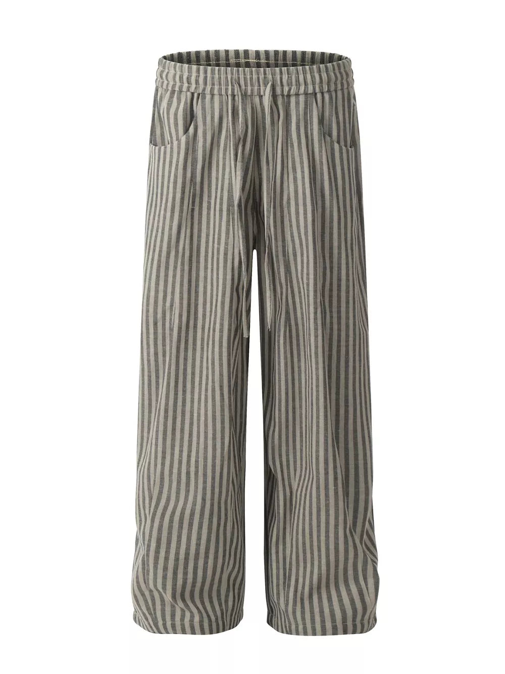 Gray striped drawstring sweatpants for men with pockets, cotton blend.
