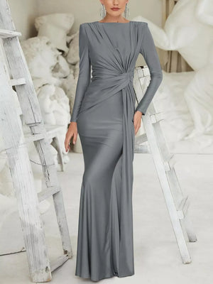 Elegant ruched long sleeve maxi dress in gray with boat neckline and bodycon fit.