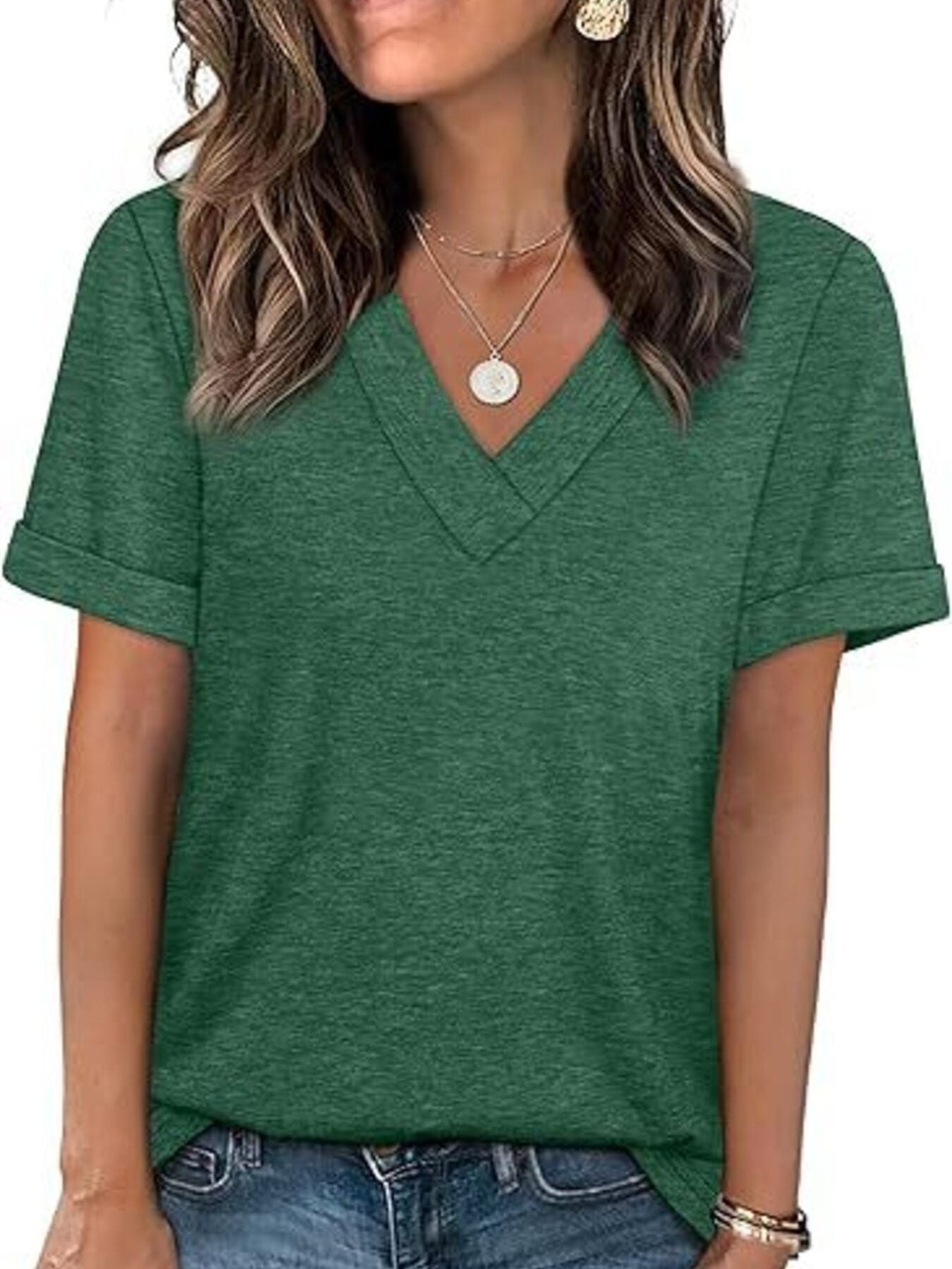 Dark green v-neck t-shirt with cuffed short sleeves.