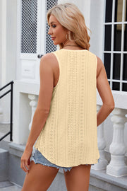Light Yellow eyelet scoop neck tank top with breathable fabric and casual cut.
