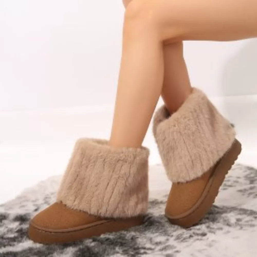 Camel faux fur platform ankle boots with knit cuff detail