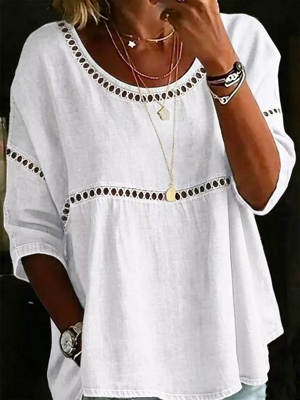 White bohemian t-shirt with openwork floral details at neckline and waist, 3/4 sleeves