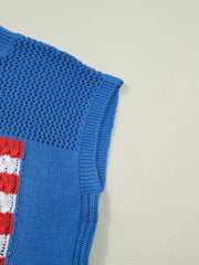 Blue acrylic knit top with American flag graphic detail and open knit sleeves.