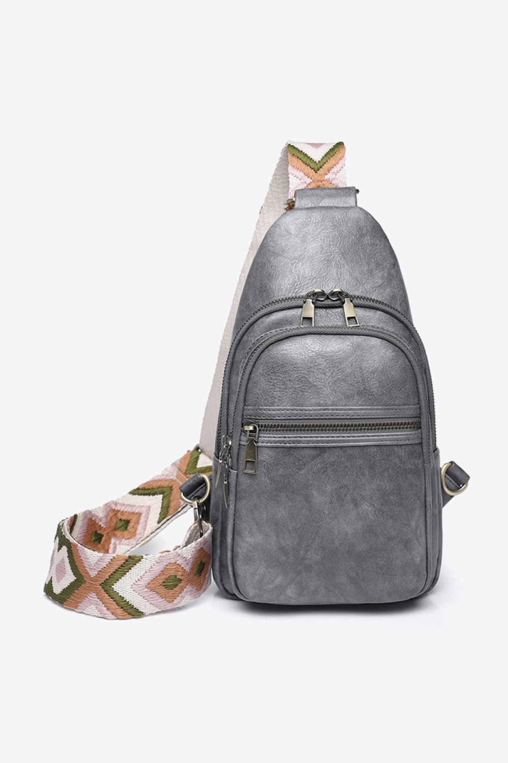 Gray sling bag with geometric strap and two zip pockets