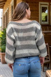 Off-shoulder striped chunky knit pullover sweater in light gray and white acrylic.