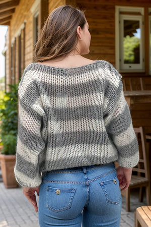 Off-shoulder striped chunky knit pullover sweater in light gray and white acrylic.