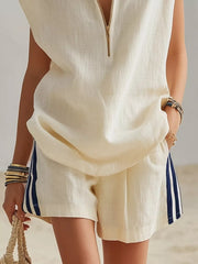 Chic Zip-front Sleeveless Top & Pleated Shorts Set