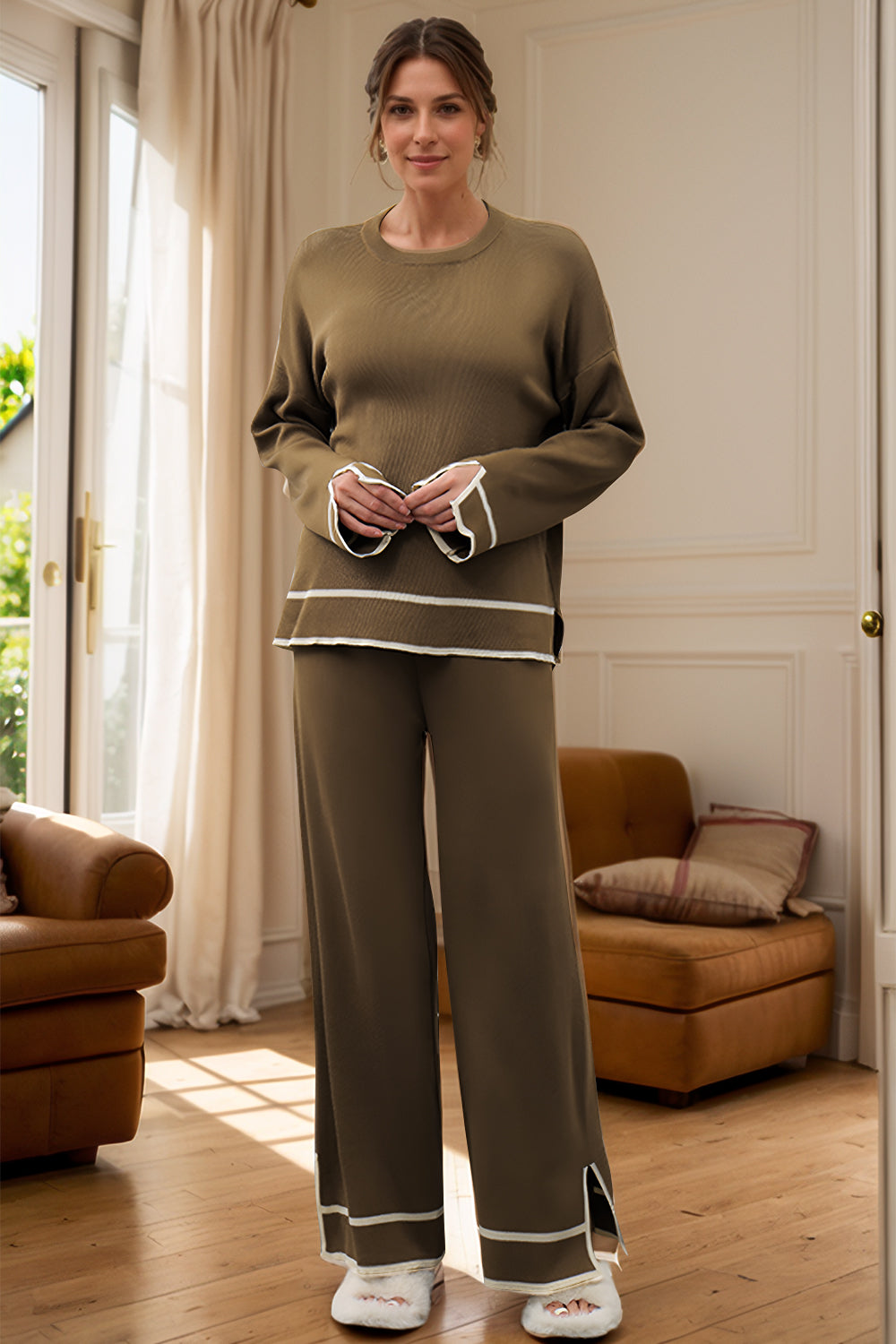 Olive brown acrylic loungewear set with round neck top and wide leg pants, featuring white trim details.