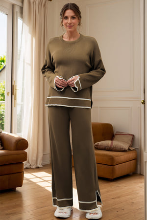Olive brown acrylic loungewear set with round neck top and wide leg pants, featuring white trim details.