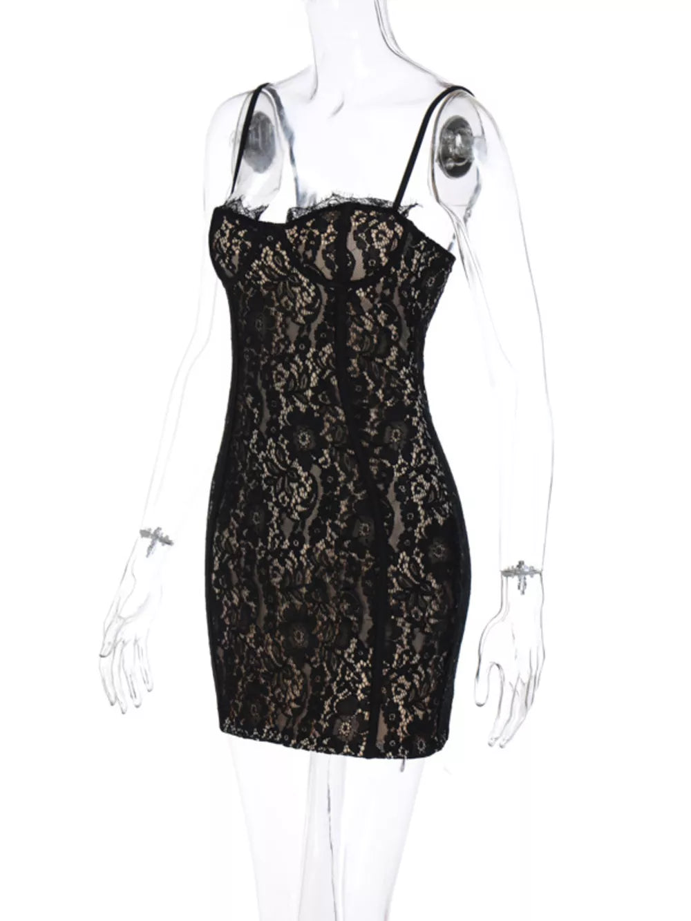 Black lace mini dress with spaghetti straps and scalloped trim neckline.