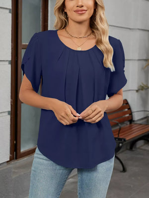 Navy blue pleated short sleeve blouse with round neck and polyester fabric.