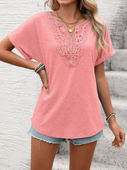 Pink relaxed fit t-shirt with lace V-neck detail and cuffed short sleeves.