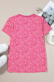 Hot Pink spotted print crew neck t-shirt with short sleeves.