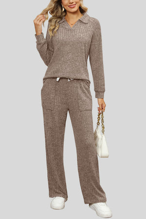 Ribbed knit lounge set in tan with collar, long sleeves, drawstring waist pants with pockets.