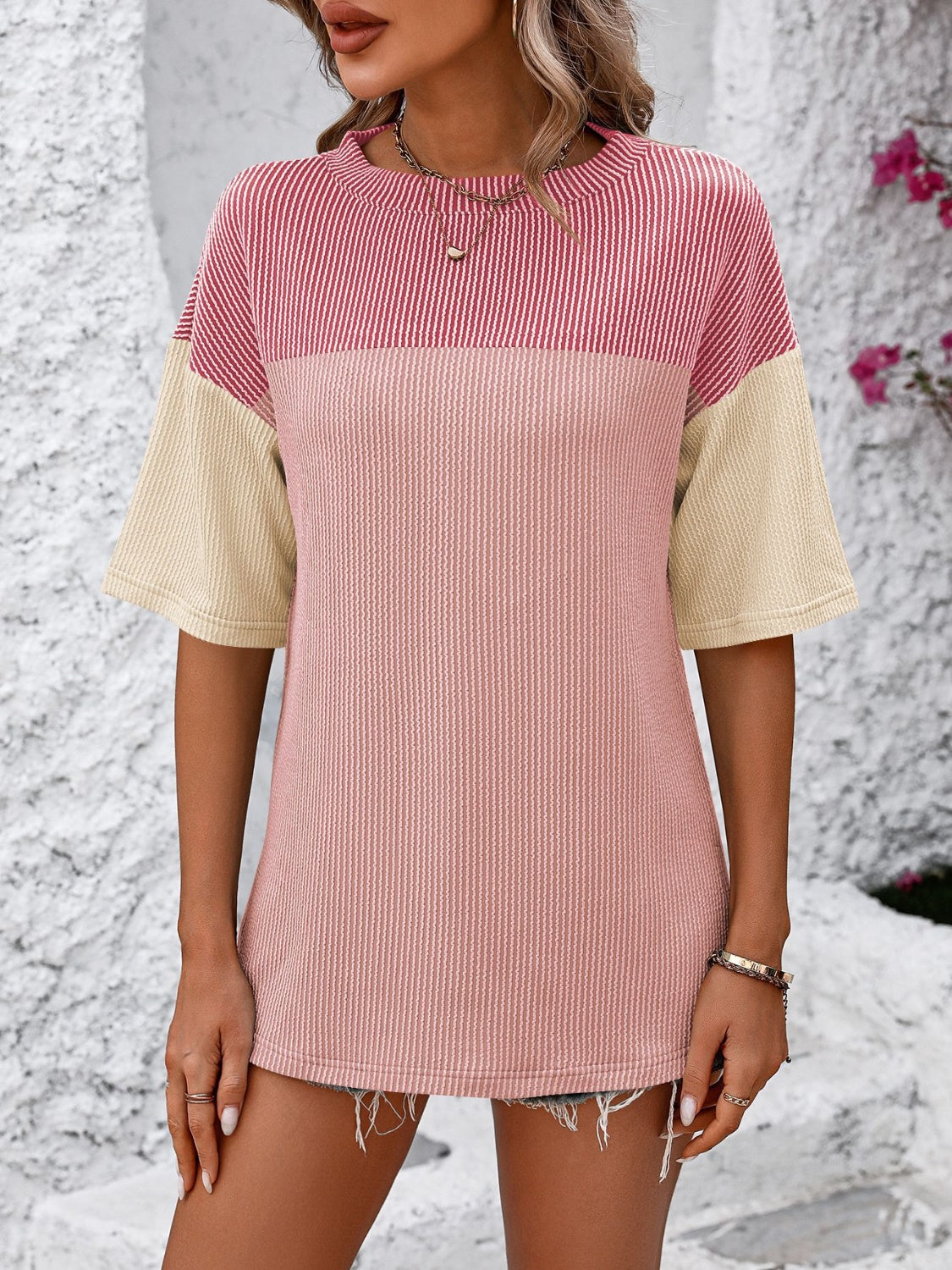 Mandy Color Pop T-Shirt in Deep Rose/Pink and Camel with striped and colorblock design.