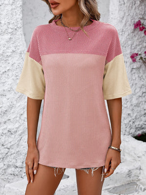 Mandy Color Pop T-Shirt in Deep Rose/Pink and Camel with striped and colorblock design.