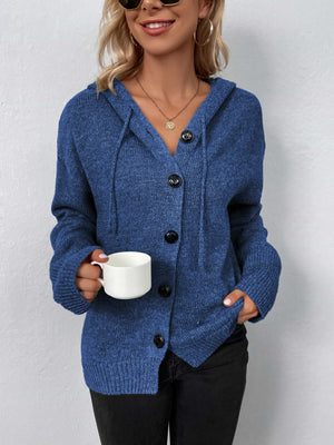 Button-front hooded knit cardigan in dark blue with drawstring and black buttons.