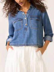 Blue denim cropped half snap shirt with chest pockets and button detail