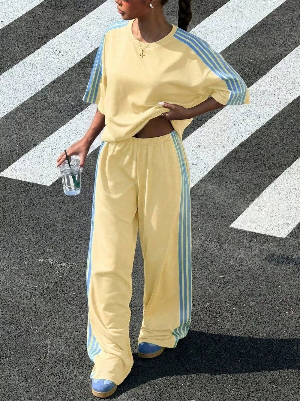 Striped Short Sleeve Top And Pants Set, side view