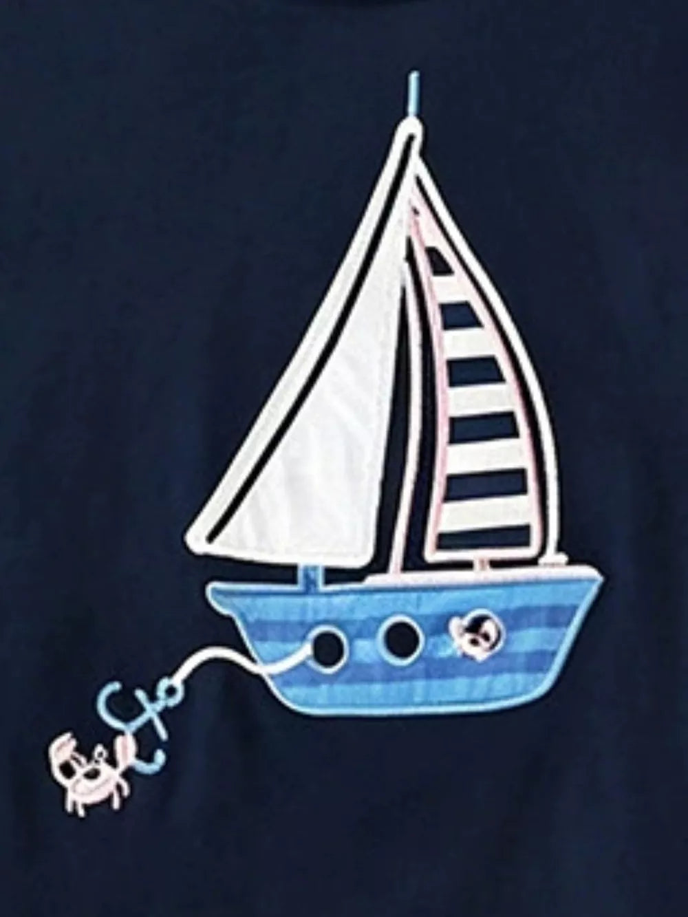 Navy t-shirt with a blue sailboat graphic, white sails, and a crab with an anchor detail.