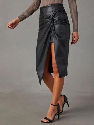 Black faux leather midi skirt with knot detail and high slit