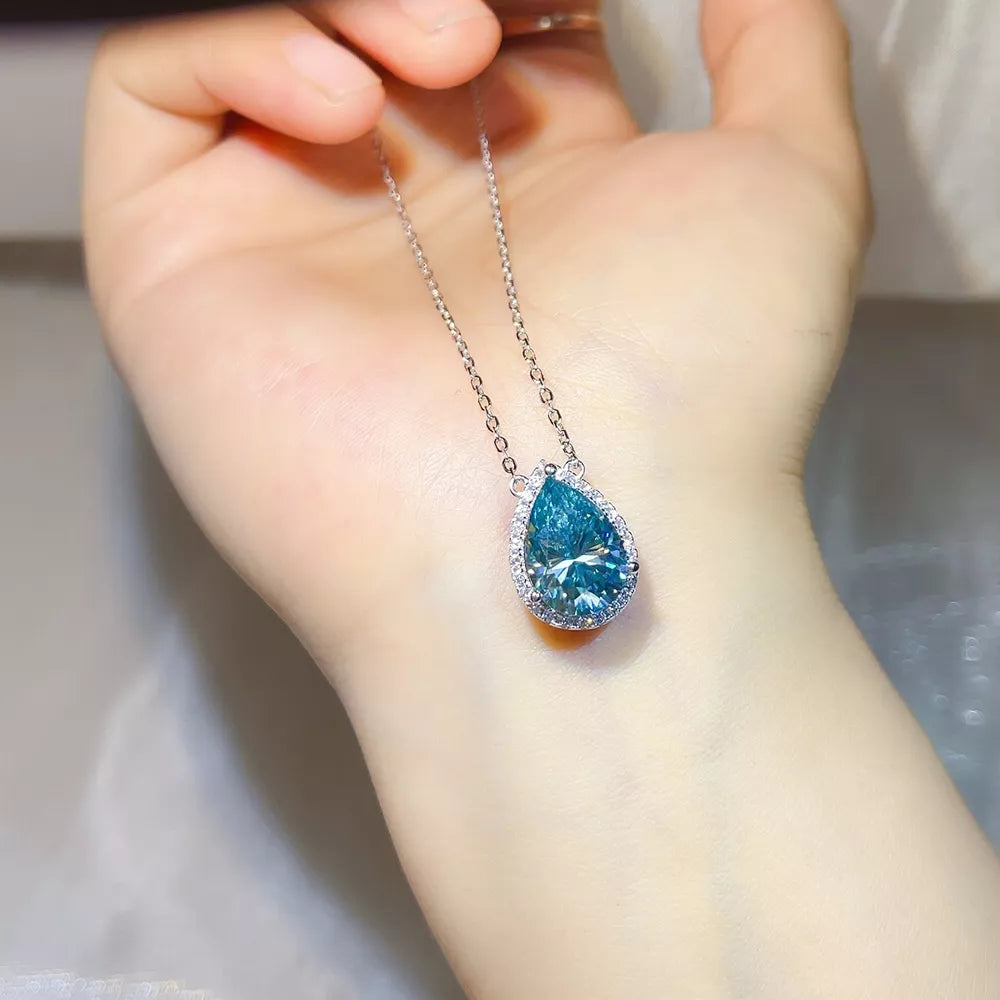 5 Carat Sterling Silver Teardrop Moissanite Necklace, model styling view