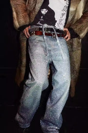 Ombré crystal embellished wide leg jeans in dark and medium washes with a gradient sparkle effect.