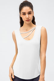 White performance tank top with strappy neckline detail