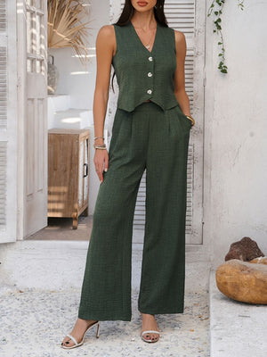 Textured dark green crop vest and wide leg pants set with button detail