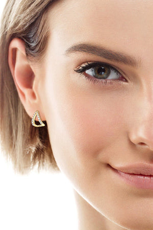 Gold geometric moissanite open-hoop earrings with pave diamond detail.