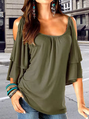 Army green t-shirt with gathered neckline and tiered ruffled cold shoulder sleeves.