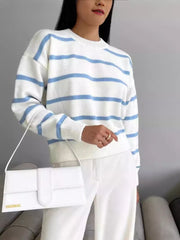 Classic striped knit sweater with round neck in white with light blue stripes.