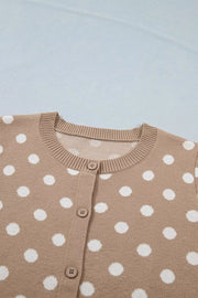 Camel polka dot button-down cardigan with a ribbed crew neck and short sleeves.