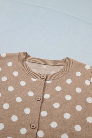 Camel polka dot button-down cardigan with a ribbed crew neck and short sleeves.