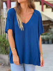Blue relaxed fit V-neck t-shirt with short sleeves and a comfortable, casual style.