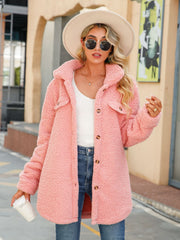 Blush pink teddy texture button-down shacket with collar and chest pockets.
