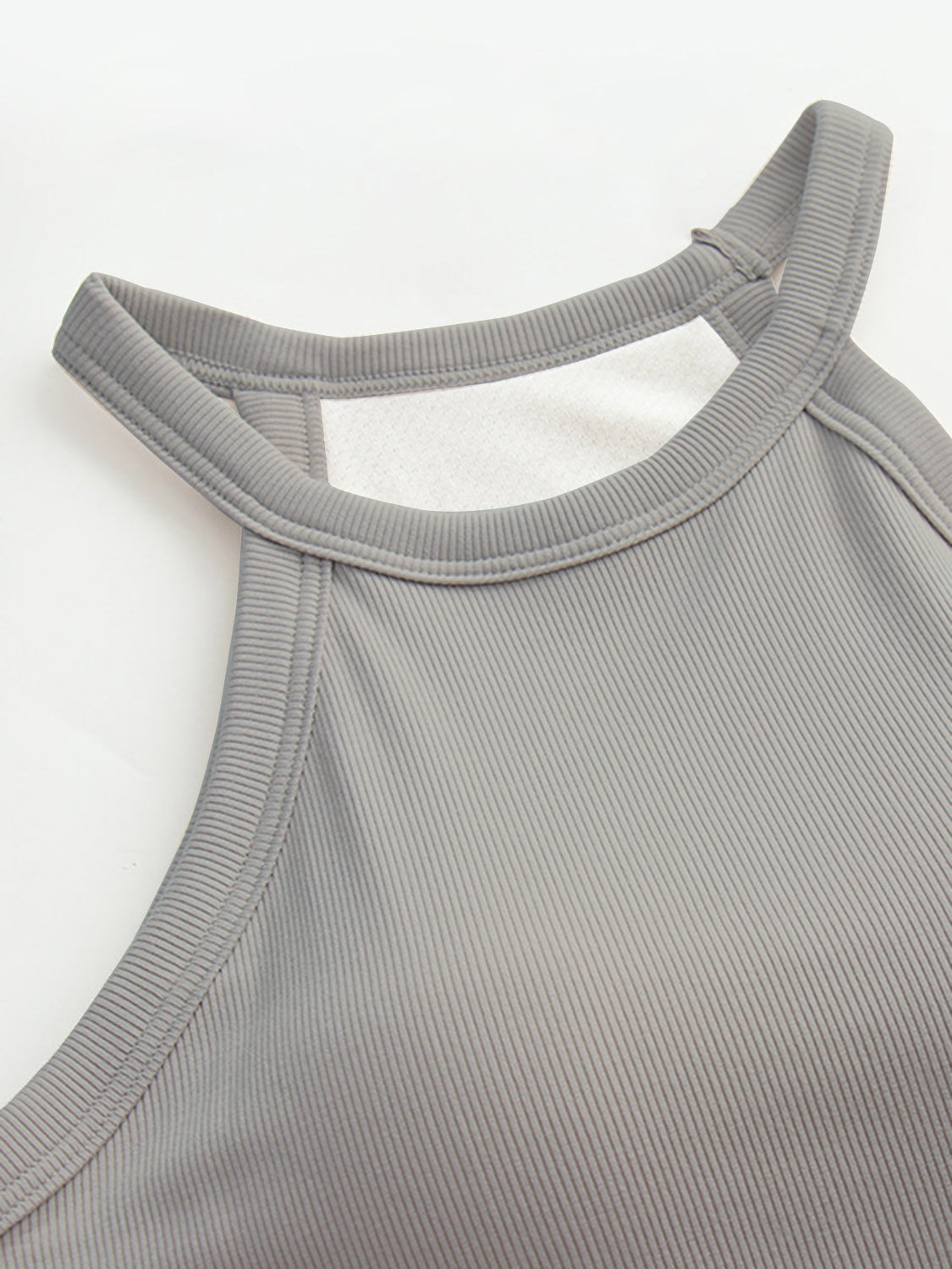 Gray ribbed halter tank top with built-in bra detail